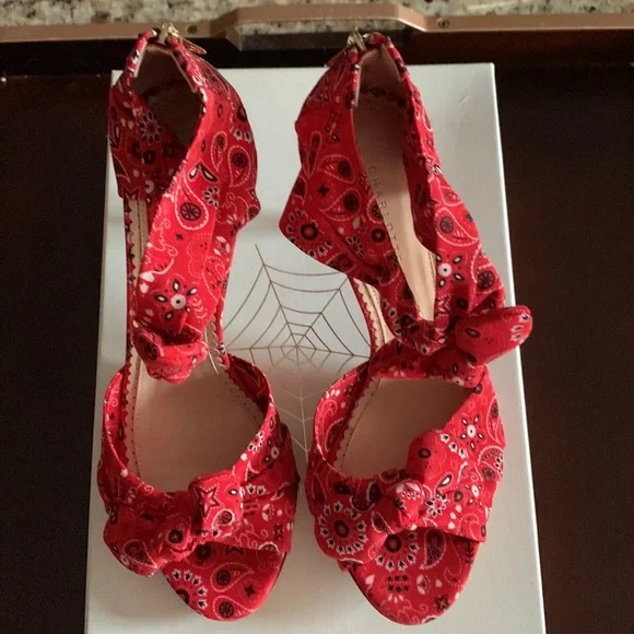 Charlotte Olympia PATTY Rodeo Red Bandana Print Crepe de Chine Heel SZ 38.5